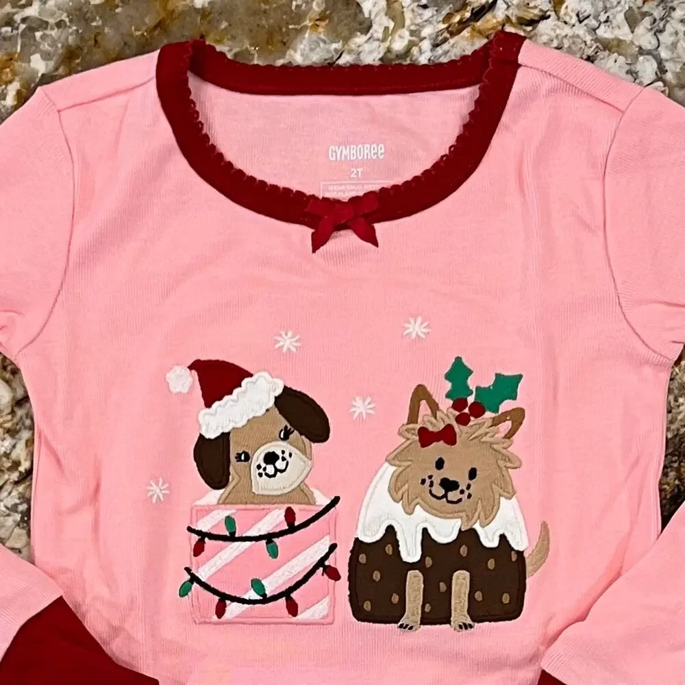 NWT Gymboree Pink W/Christmas Puppy Cotton 2-Piece Pajamas -